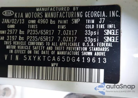 2013 Kia Sorento Lx from USA, damaged, VIN 5XYKTCA65DG419613